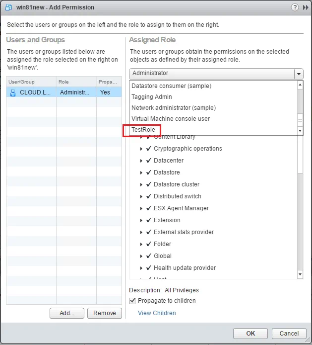 VMware vSphere Web Client - Assigned Role