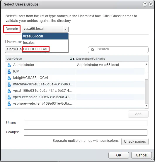 VMware vSphere Web Client - Choose Domain