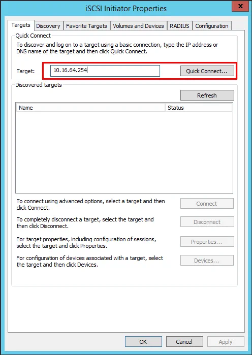 Add the iSCSI Target Portal address