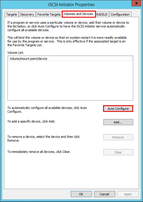 Configure the volumes and devices found in the iSCSI target