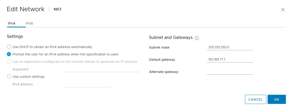 Configuración de ajustes IPv4 para un NIC virtual.