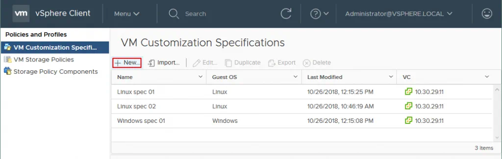 Creación de una nueva especificación de personalización de VM