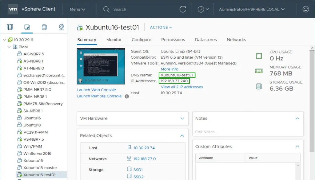 El nombre DNS y las direcciones IP del SO invitado se muestran para la VM en vSphere Web Client
