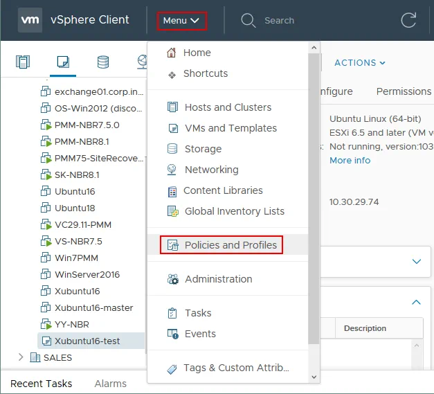 Navegación por políticas y perfiles en vCenter con vSphere Web Client.