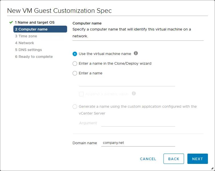 Configuración del nombre de equipo y del nombre de dominio para un SO invitado VM.