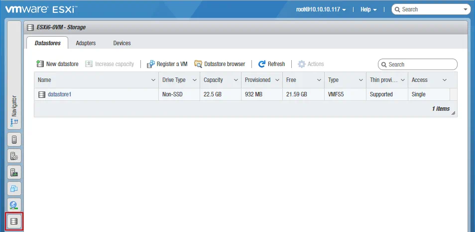 Viewing datastores attached to the ESXi host