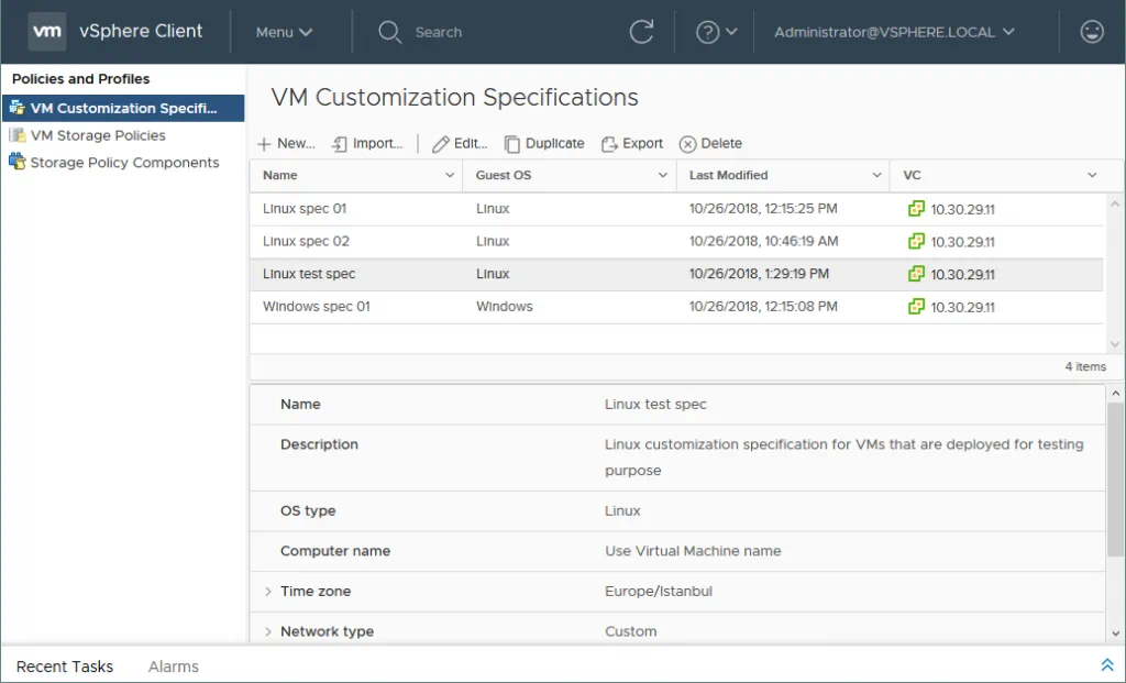 Visualización de la lista de especificaciones de personalización de VM.