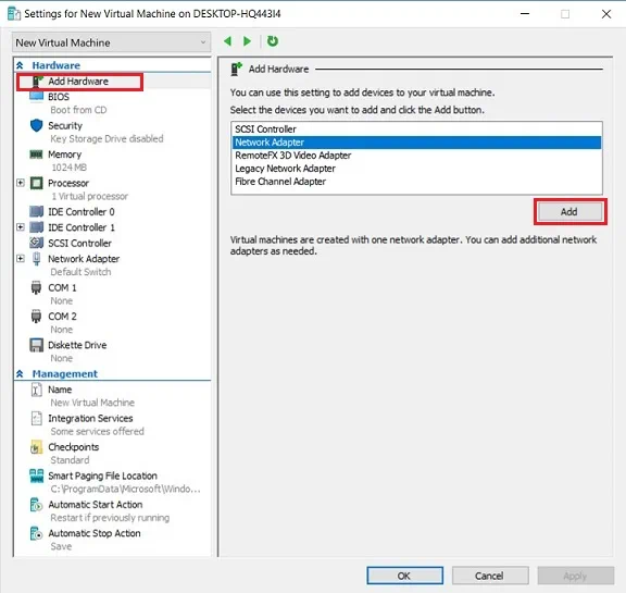 Añadir adaptadores de red Hyper-V