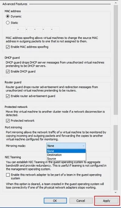 Funciones avanzadas para adaptadores de red Hyper-V