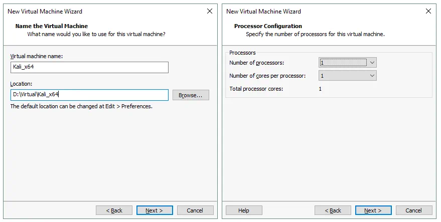 Cómo instalar Kali Linux en VMware: Introduciendo el nombre de la VM y definiendo la configuración del procesador