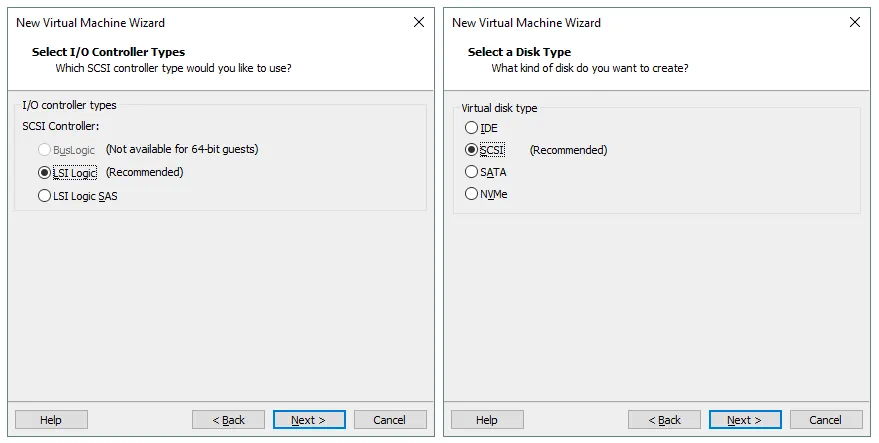 Cómo instalar Kali Linux en VMware: Selección de un tipo de controlador de disco virtual y un tipo de disco virtual