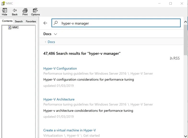 Ayuda en Hyper-V Manager