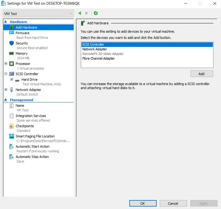 Ajustes para Hyper-V Manager
