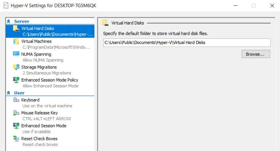 Ajustes para un host Hyper-V en Hyper-V Manager