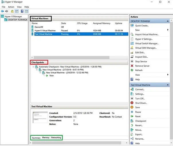 Subpaneles en Hyper-V Manager
