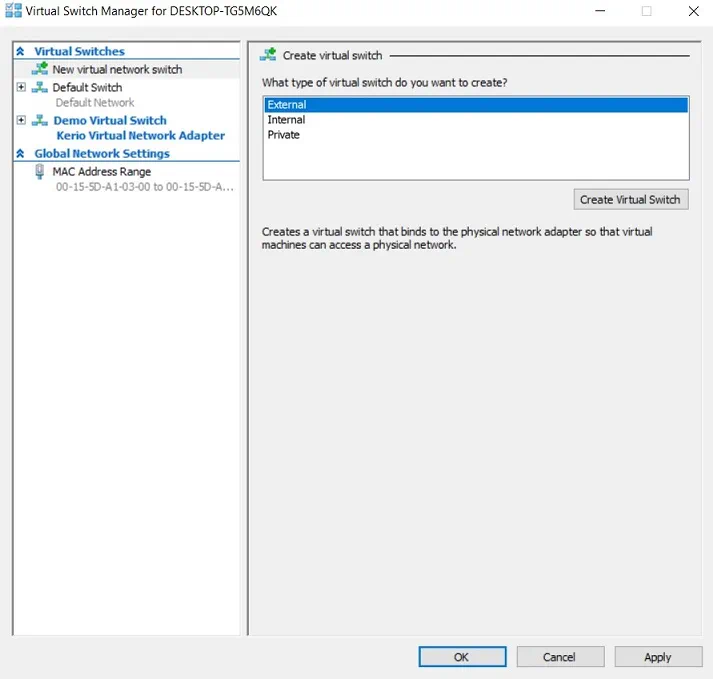 Administrador de conmutadores virtuales en Hyper-V Manager