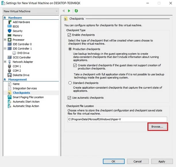 Configuración de la ubicación de instantáneas de Hyper-V