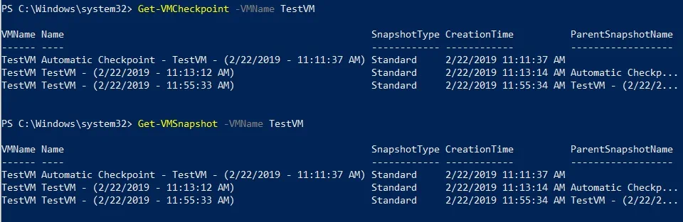 Ejecución de comandos de instantáneas de Hyper-V en PowerShell