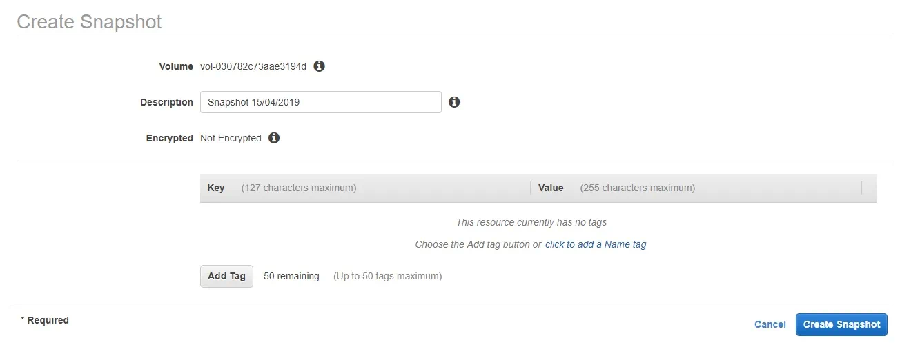 Configuring a New Snapshot in AWS EC2 Backup