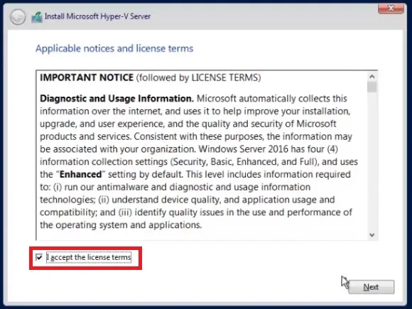 License Agreement in Free Hyper-V Server 2016