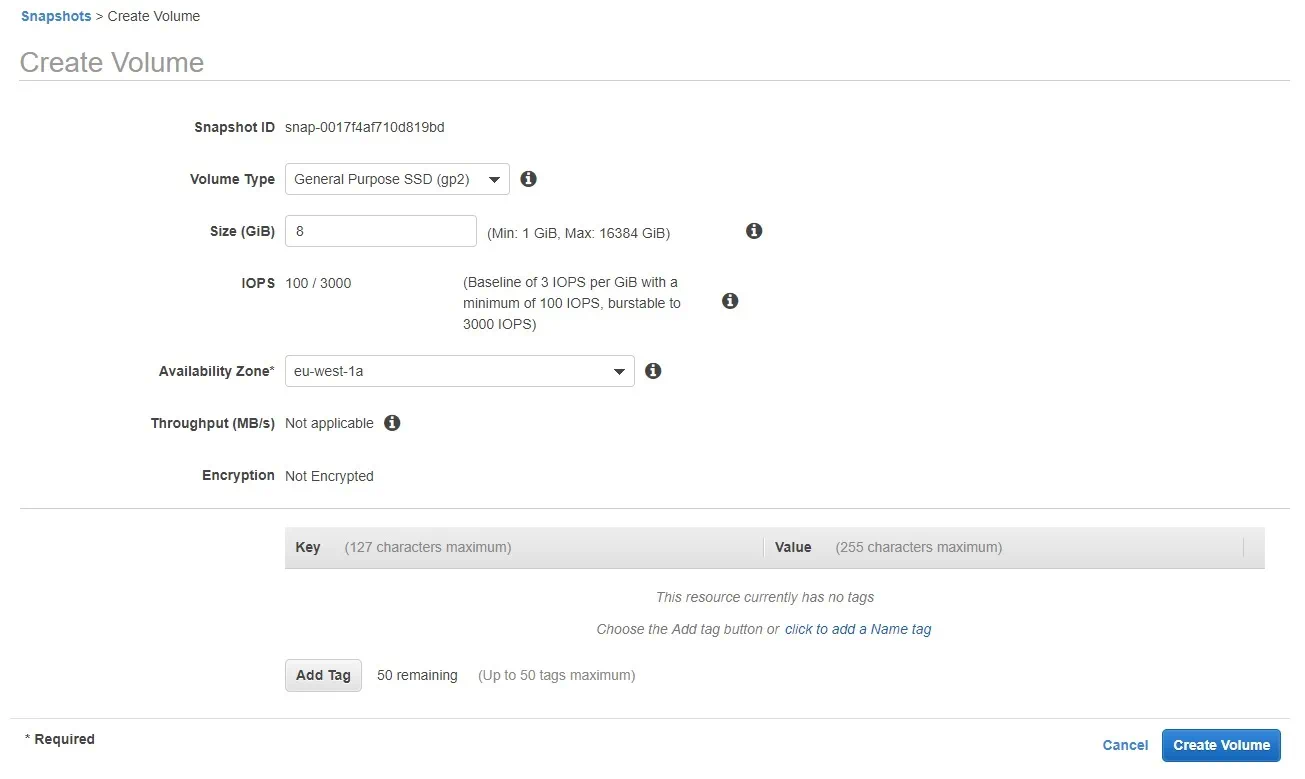 Restoring the snapshot in AWS EC2 Backup