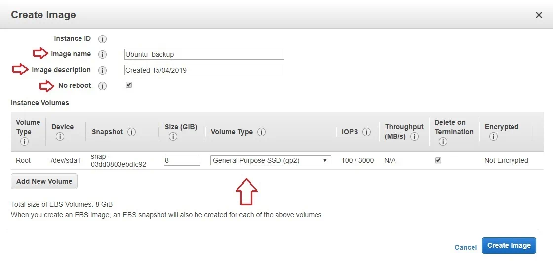 The Create Image menu in AWS EC2 Backup