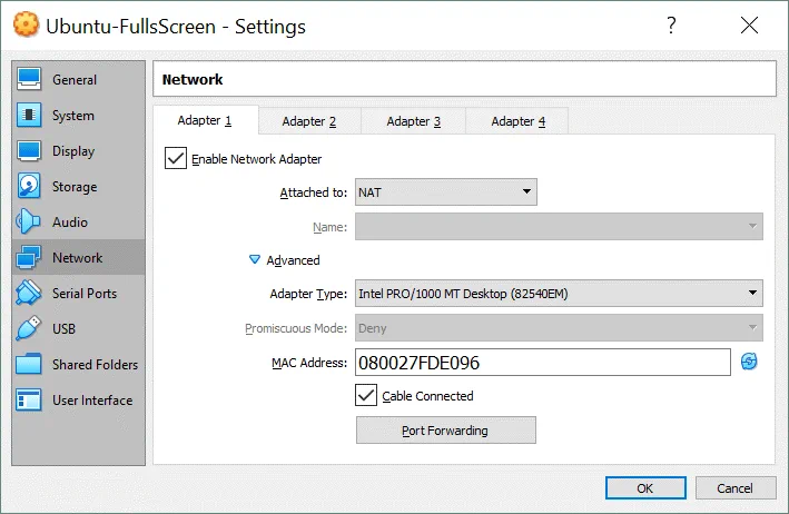 VirtualBox Network Settings for Adapter 1