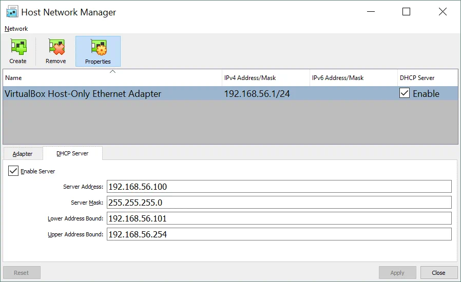 VirtualBox network settings – configuring a DHCP server for a Host-Only network