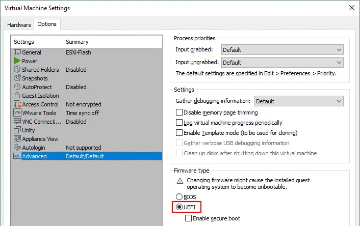 Select UEFI in the VM settings before you run ESXi from a USB flash drive