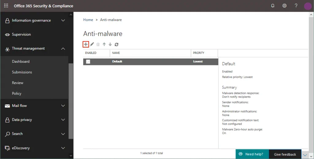 Creación de una nueva política antimalware de Office para la protección contra malware