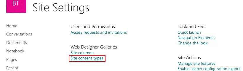 Configuración de los tipos de contenido del sitio en los ajustes del sitio de SharePoint