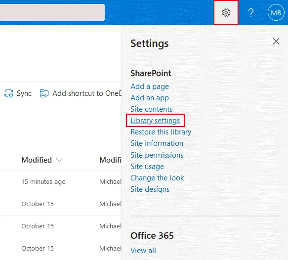 Cómo abrir los ajustes de la biblioteca en SharePoint Online
