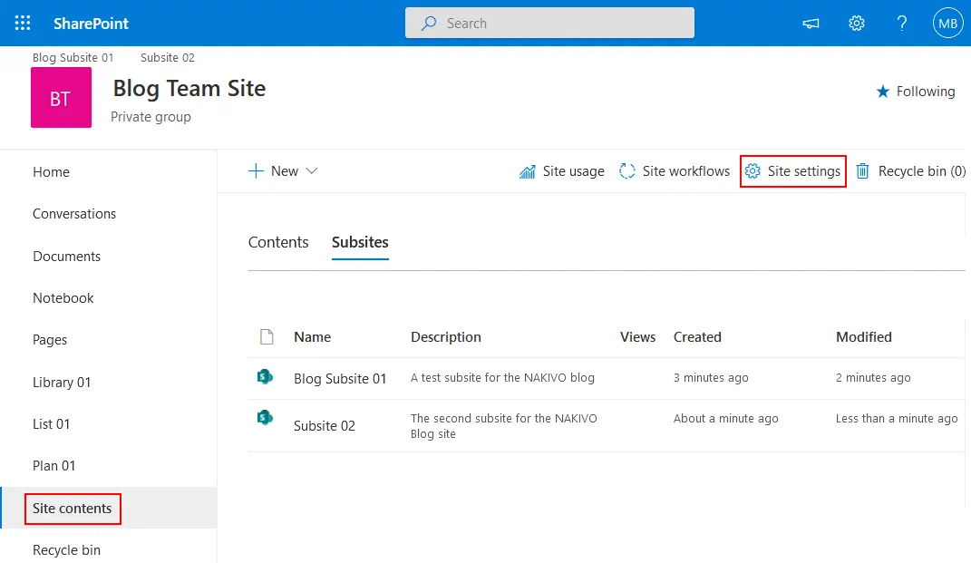 Gestión de documentos SharePoint: apertura de los ajustes del sitio