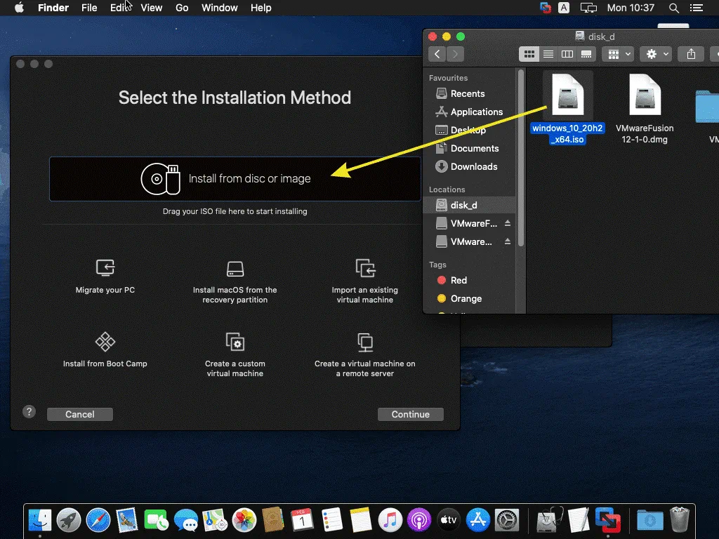 Arrastre y suelte la imagen de instalación de Windows 10 en la ventana de VMware Fusion