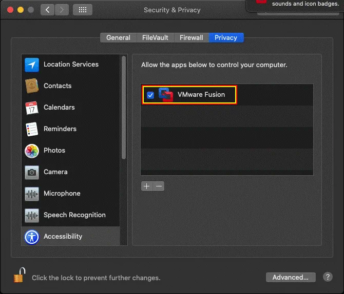 Activación de VMware Fusion en los ajustes de privacidad de macOS
