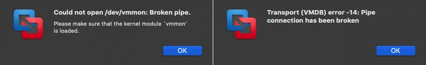 Aparecen mensajes de error al intentar iniciar una máquina virtual en VMware Fusion.