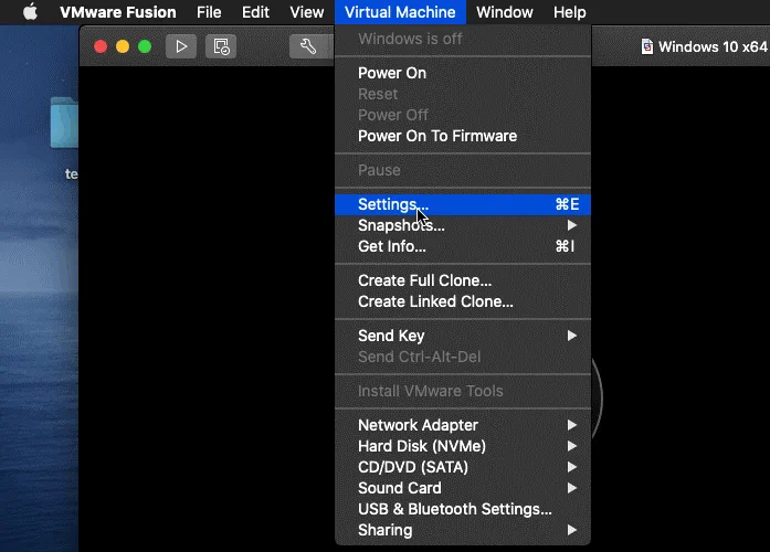 Abrir los ajustes de la máquina virtual en VMware Fusion
