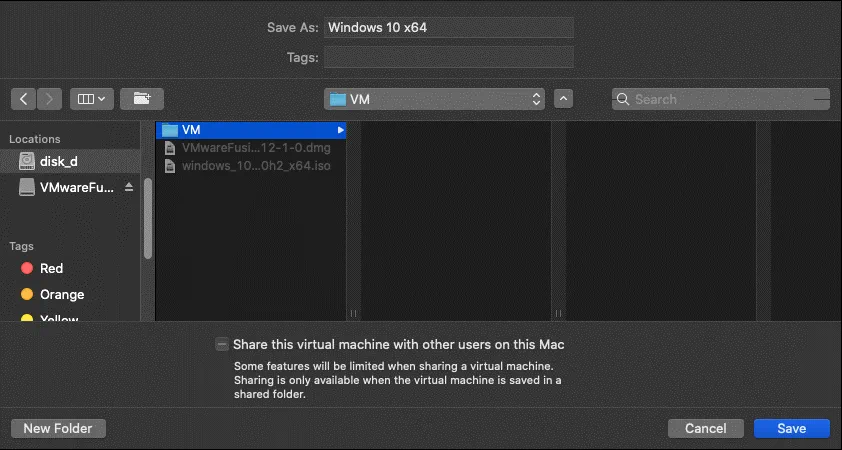Selección de la ubicación de los nuevos archivos VM
