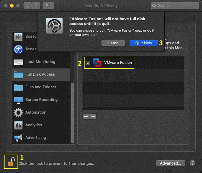 Desbloqueo del acceso total al disco para VMware Fusion en los ajustes de seguridad de macOS