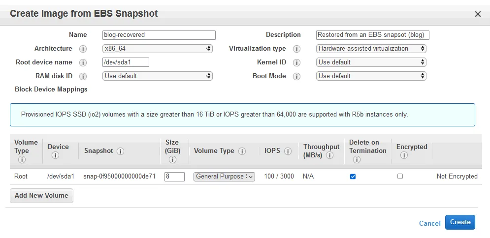 How to create EC2 instance from snapshot by using AMI