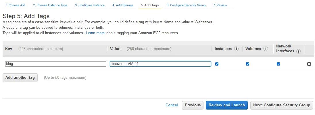 adding tags to a recovered EC2 instance
