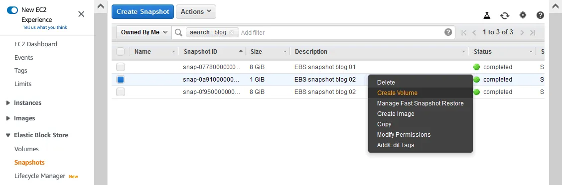 how to create EC2 instance from snapshot in AWS