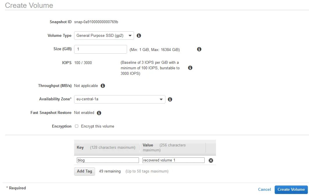 recovering the EBS volume to create EC2 instance from snapshot