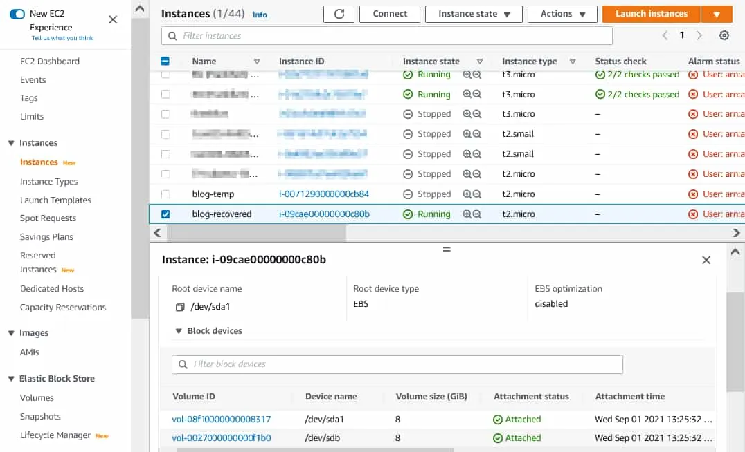 the EC2 instance has been restored from ebs snapshots