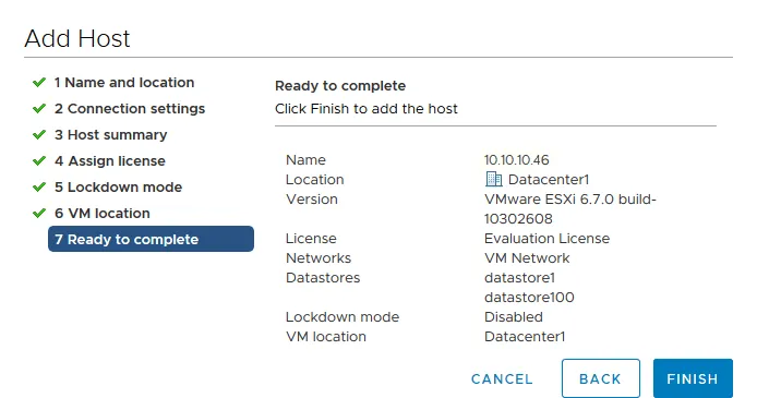 Ready to complete adding the ESXi host to the datacenter