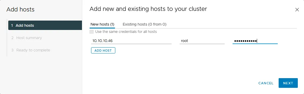 Selecting an ESXi host and entering the credentials for this host to add it to the vSphere cluster