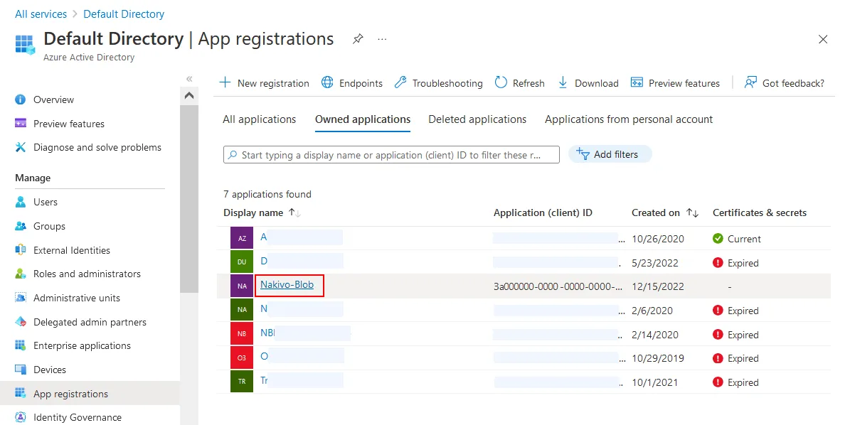 A backup application is registered for backup to Azure storage