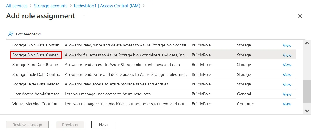 Assigning the Storage Blob Data Owner for a backup application