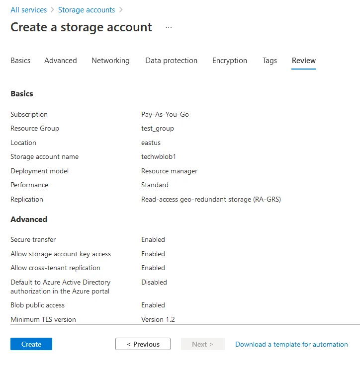 Backup to Azure storage – reviewing storage account settings