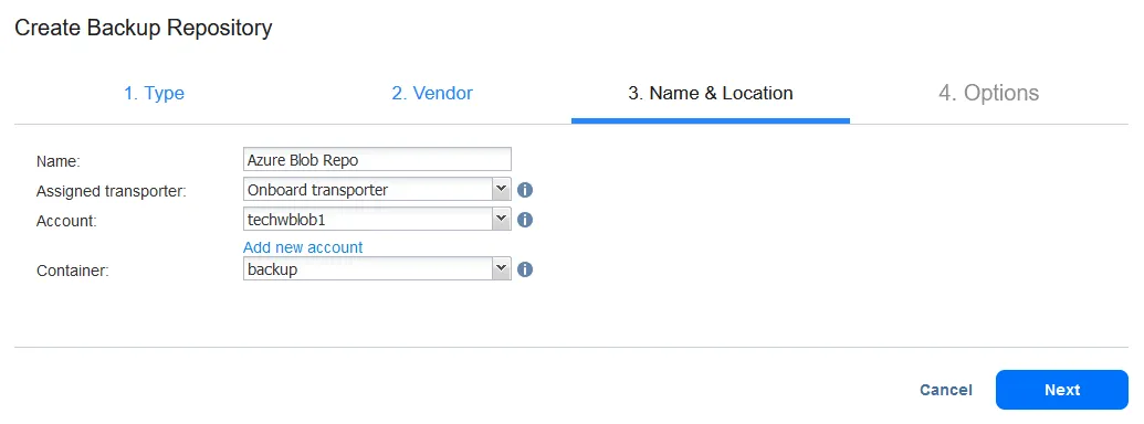 Configuring a name and location for a backup repository in Azure